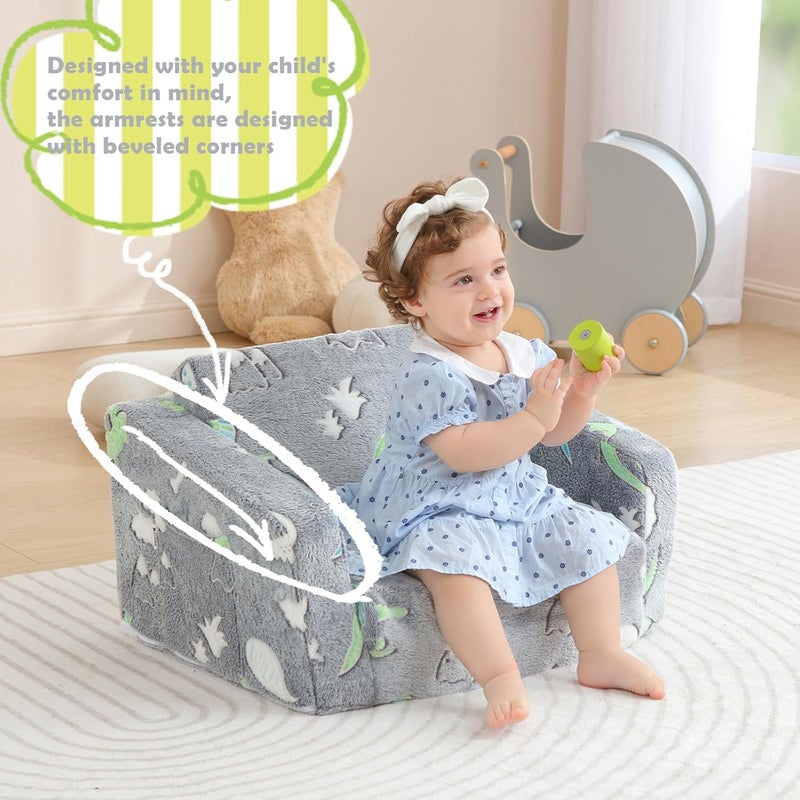 Kisdsa Toddler Couch Fold Out, Foldable Kids Couch with Blanket, Flip Out Toddler Chair, Foam Sofa for Girls & Boys, Convertible Sofa Gift for Children Age 1-3 (Glow Dino Grey) - Image 4